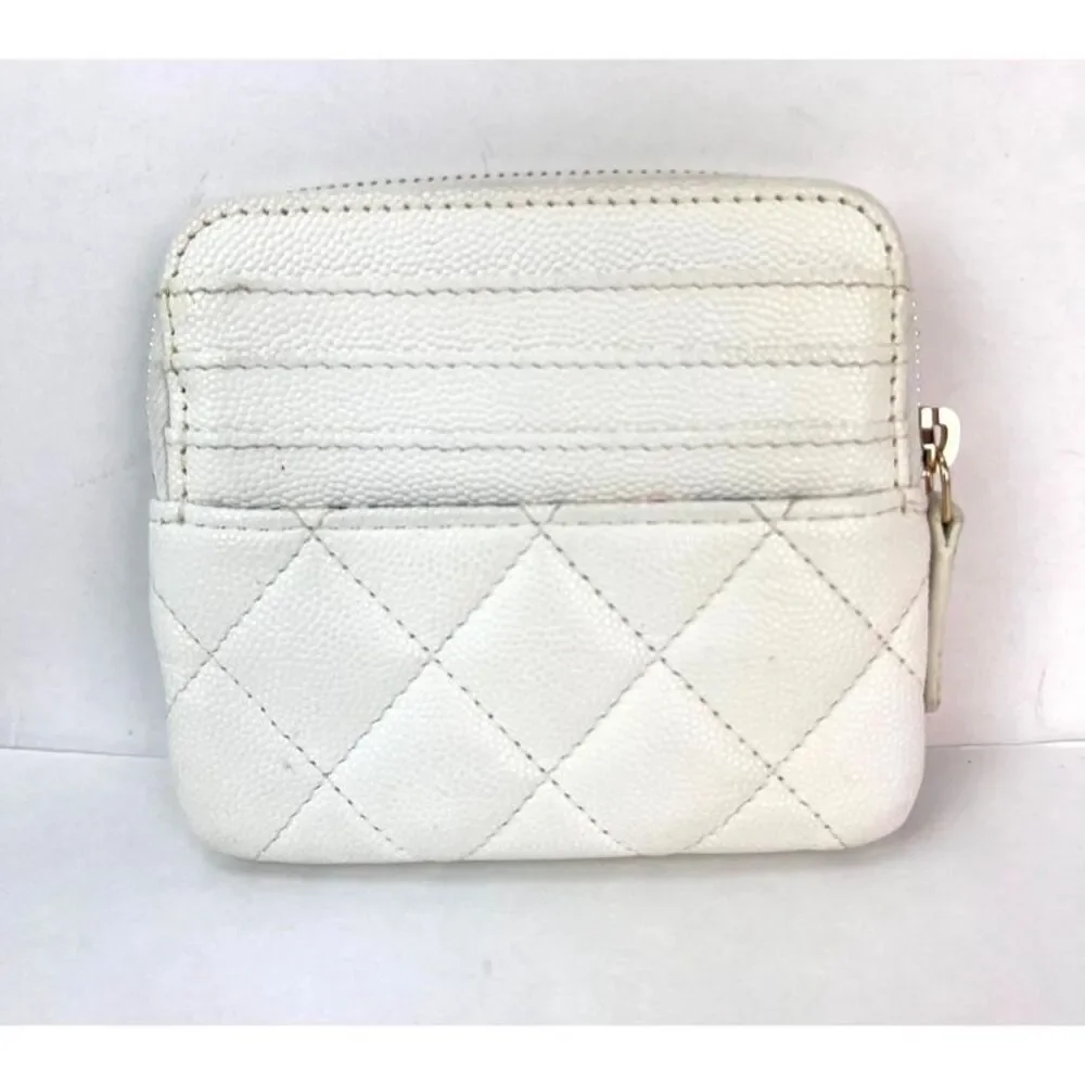 Chanel Caviar Quilted CC Zip Card Holder White Wallet
